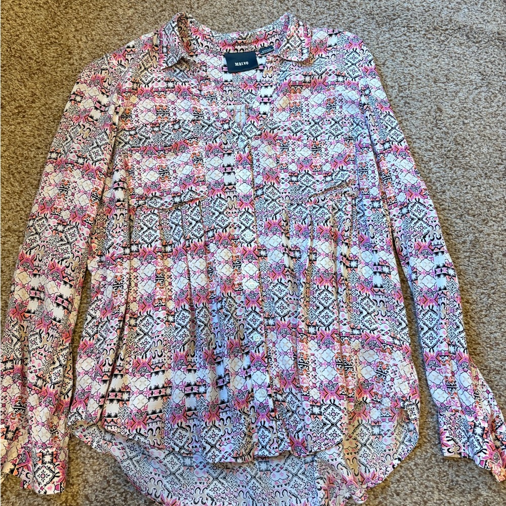 Maeve Pink and White Patterned Button Down Shirt